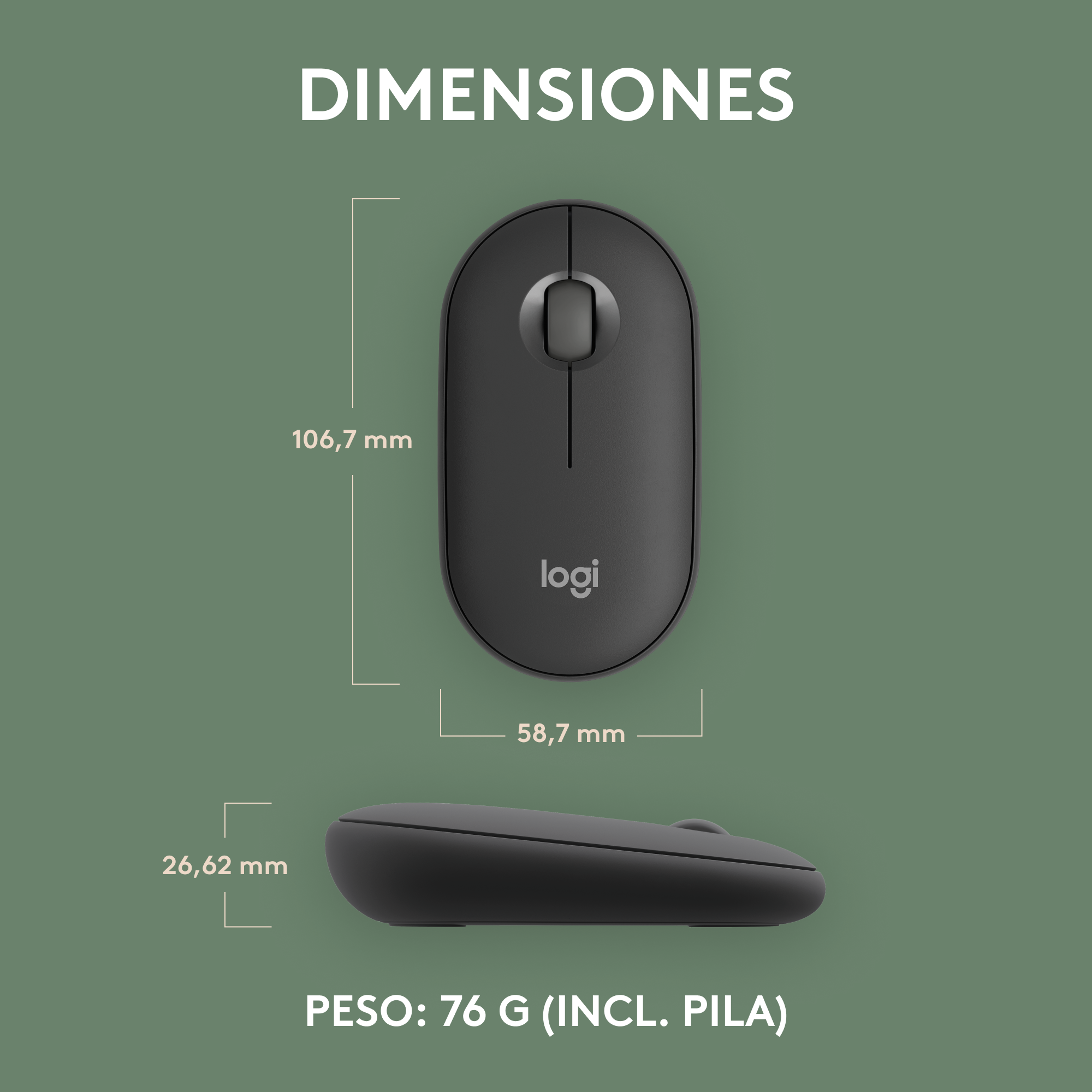 Vista superior y lateral de un ratón de ordenador negro. Se muestran las dimensiones y el peso.