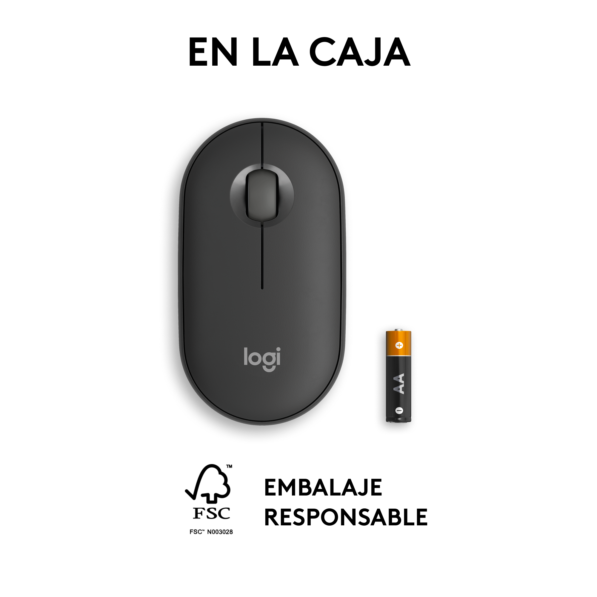 Ratón Logitech negro con pila y texto en caja con símbolos ecológicos.