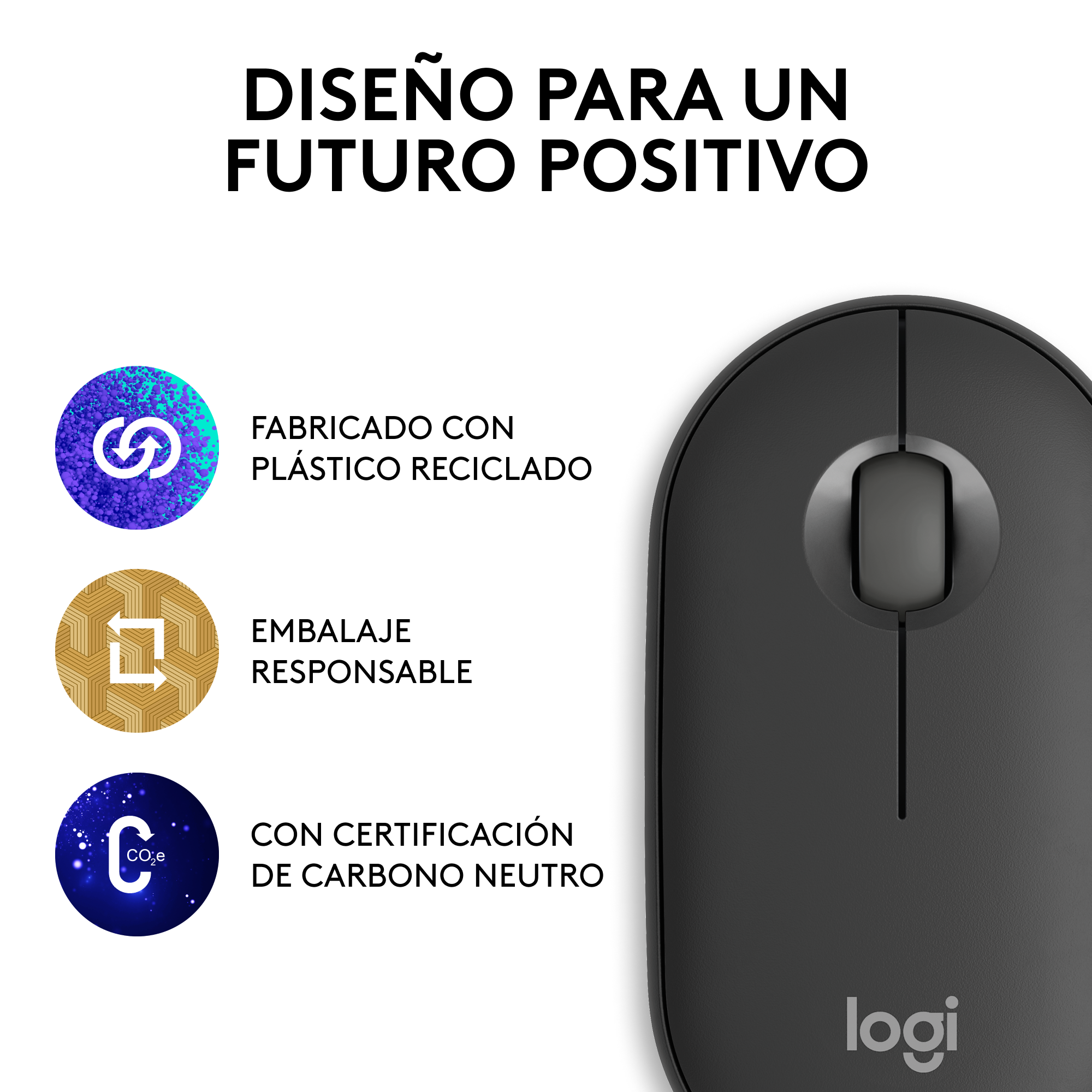 Ratón inalámbrico negro con rueda de desplazamiento y el logotipo 'Logi'. Texto sobre plástico reciclado y neutralidad de carbono.