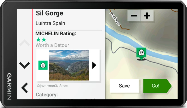 Garmin-Gerätebildschirm mit Karte, Fluss und Michelin-Bewertung.