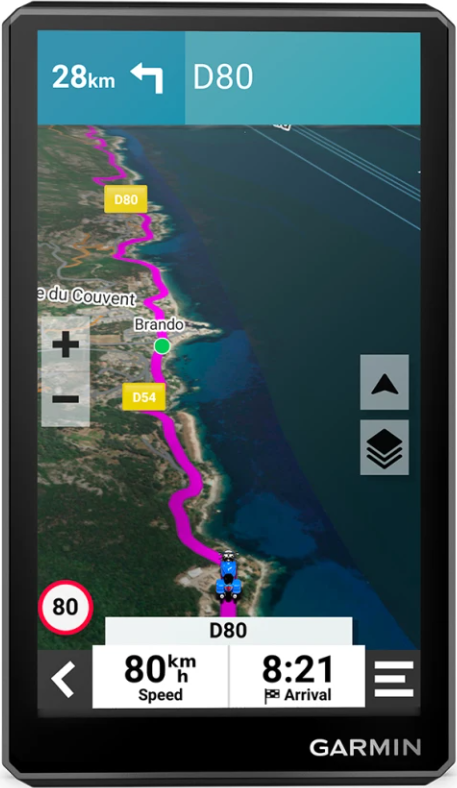 Garmin-Gerätebildschirm mit Karte, Route und Geschwindigkeitsinformationen.