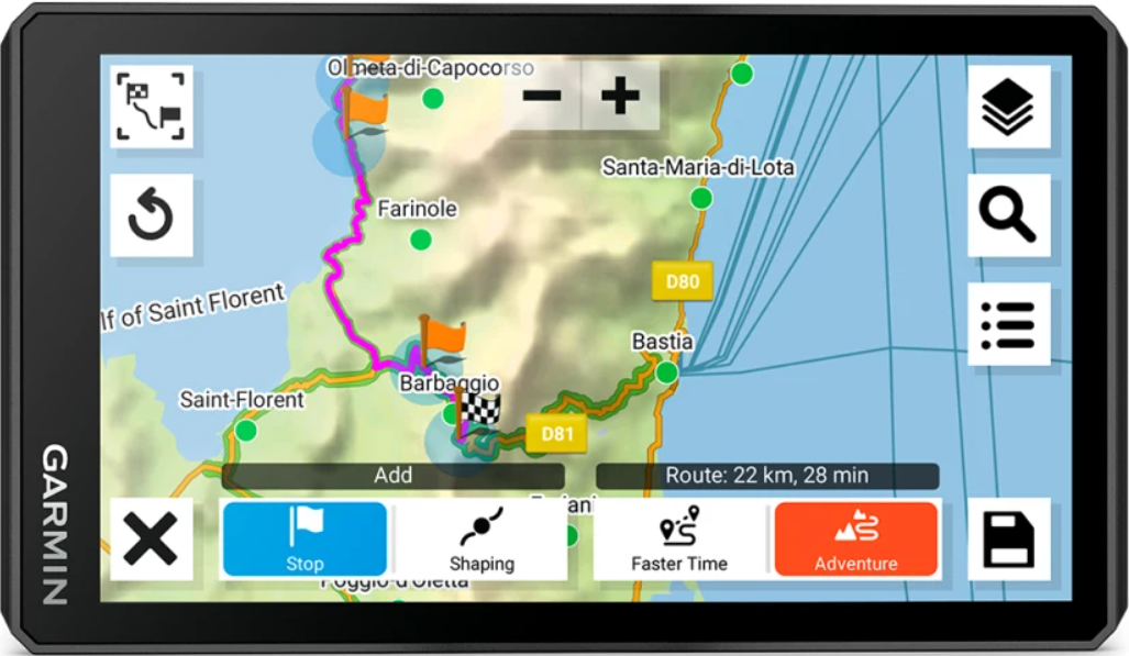 GPS-Gerätebildschirm mit Karte und Route. Schwarzer Rahmen. Verschiedene Symbole sichtbar.