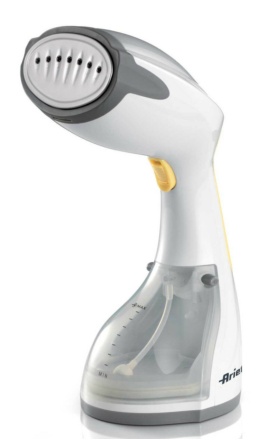 Biała i szara parownica ręczna Ariete, widok z boku. Żółty przycisk. Białe tło, nowoczesny design.