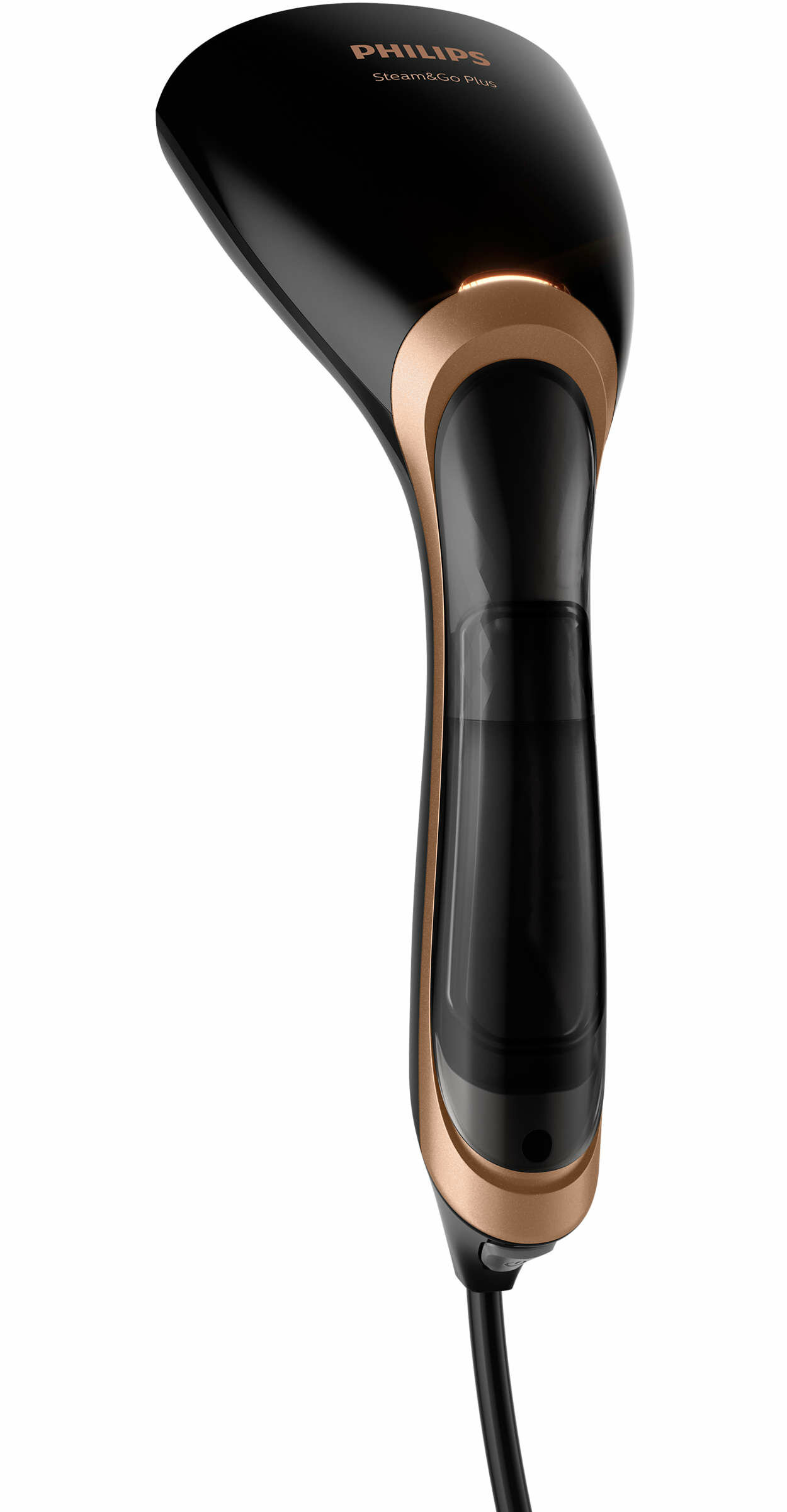 Czarny parowiec Philips ze złotymi akcentami. Parowiec jest w pozycji pionowej.