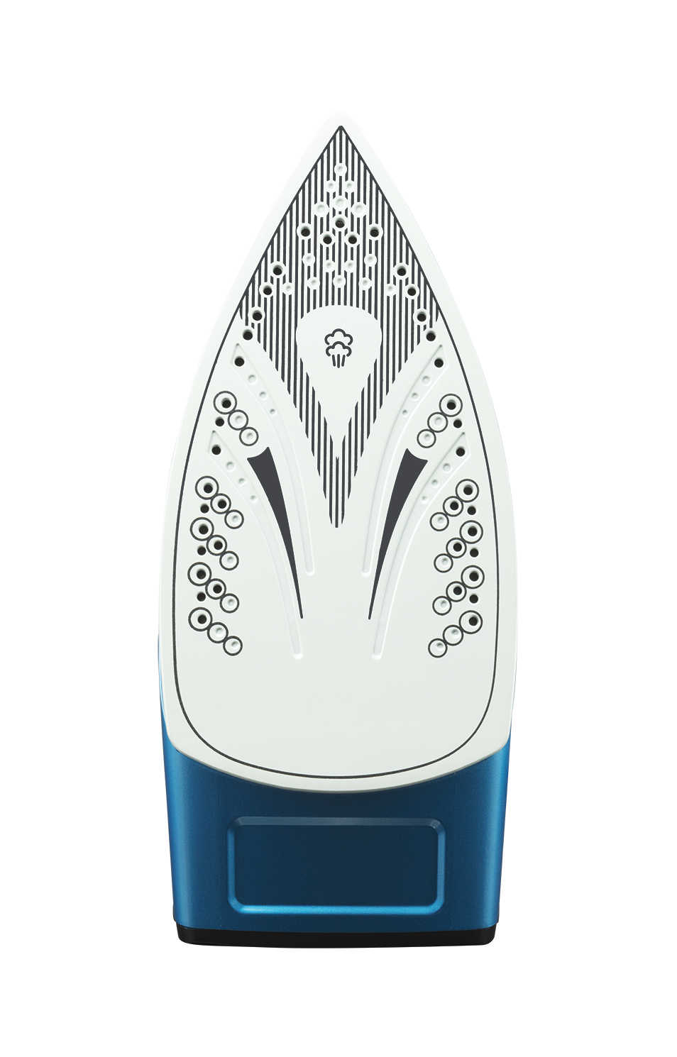 Stopa żelazka, biała z czarnymi otworami wentylacyjnymi i niebieską podstawą.