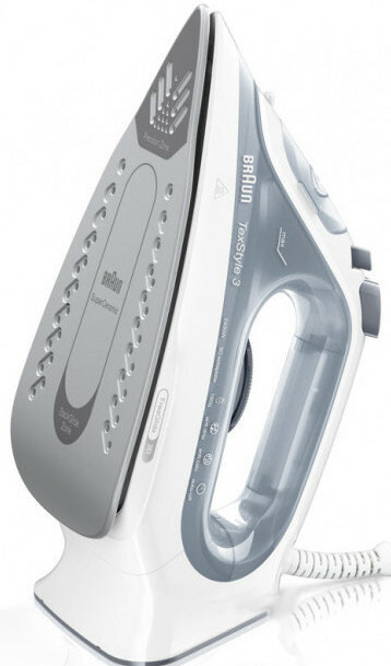 Biało-szare żelazko Braun TexStyle 3, widok z boku, ze szczegółami projektu.