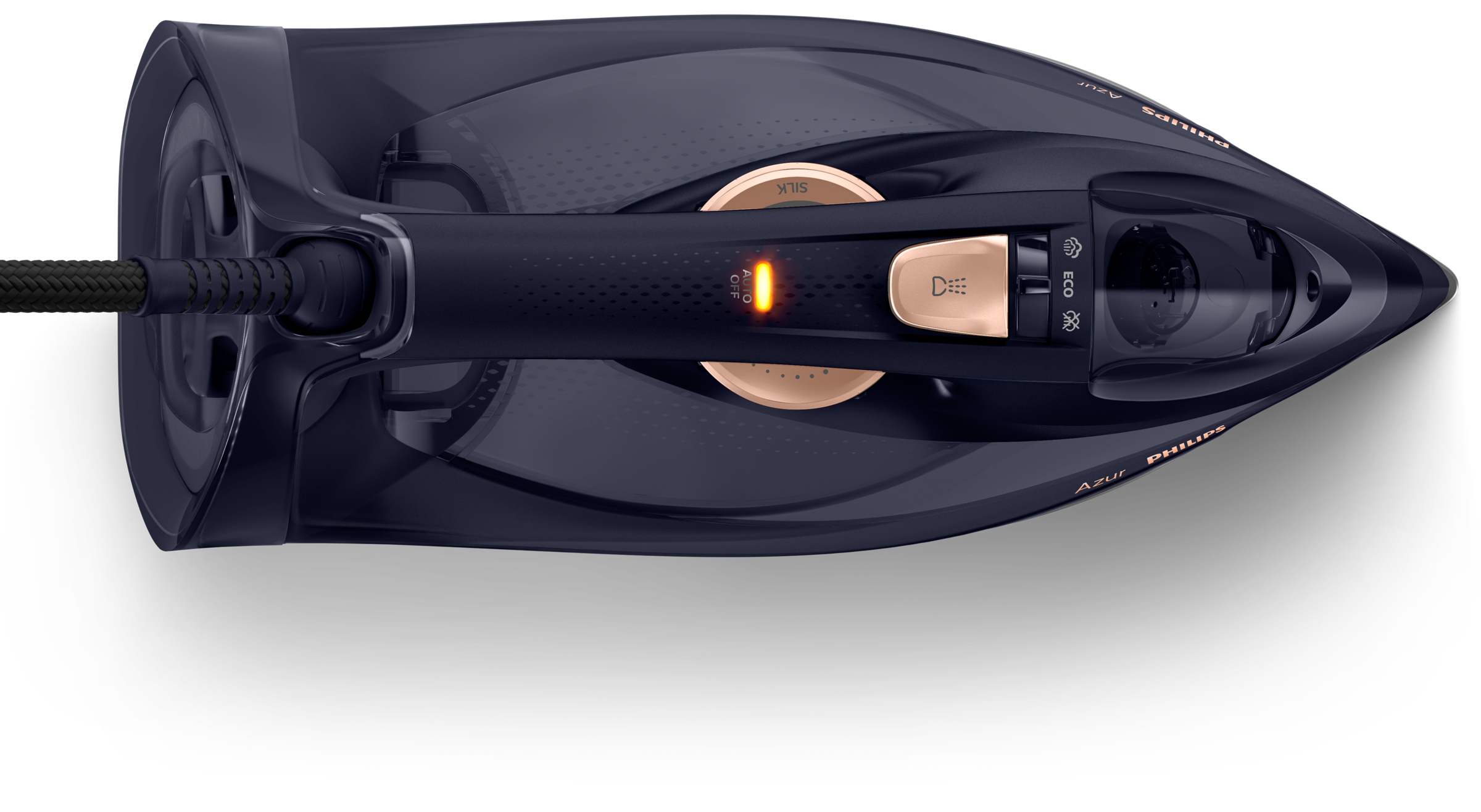 Niebiesko-czarne żelazko ze złotym uchwytem. Podświetlane ustawienia zasilania i jedwabiu.