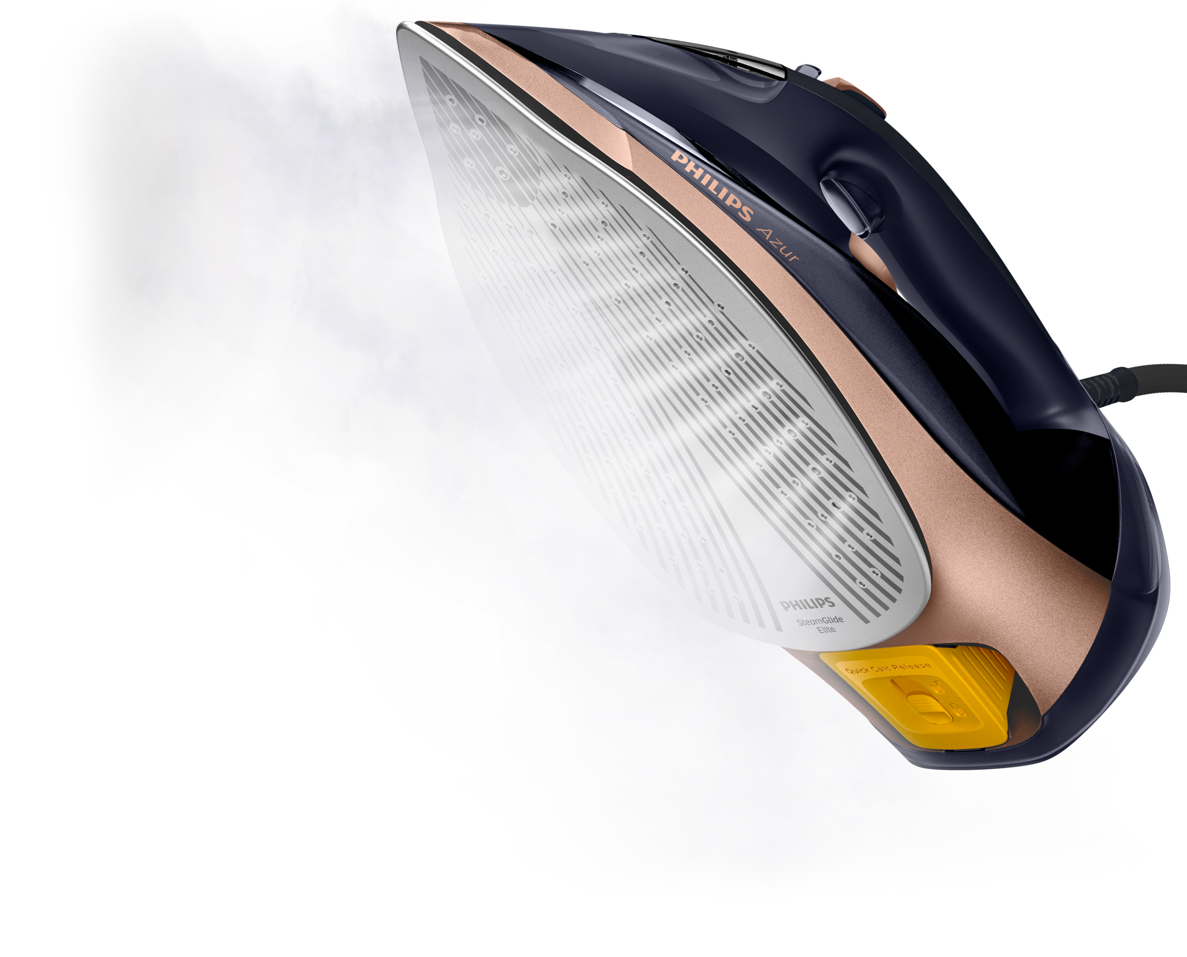 Żelazko z parą, niebieskie i różowe złoto, białe tło.