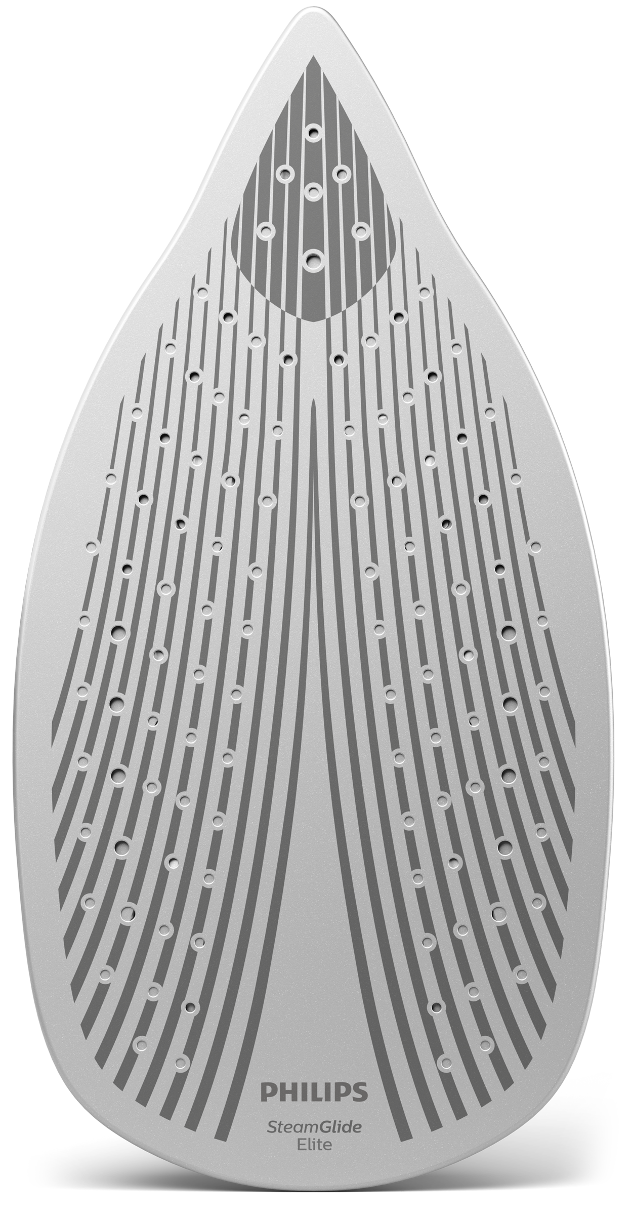 Powierzchnia do prasowania z otworami i liniami parowymi oraz logo Philips SteamGlide Elite.