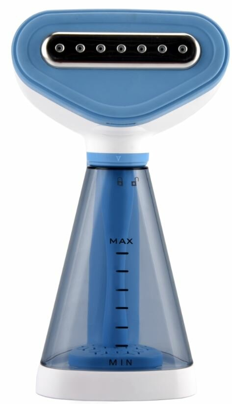 Niebiesko-biała ręczna parownica do ubrań, zbliżenie.