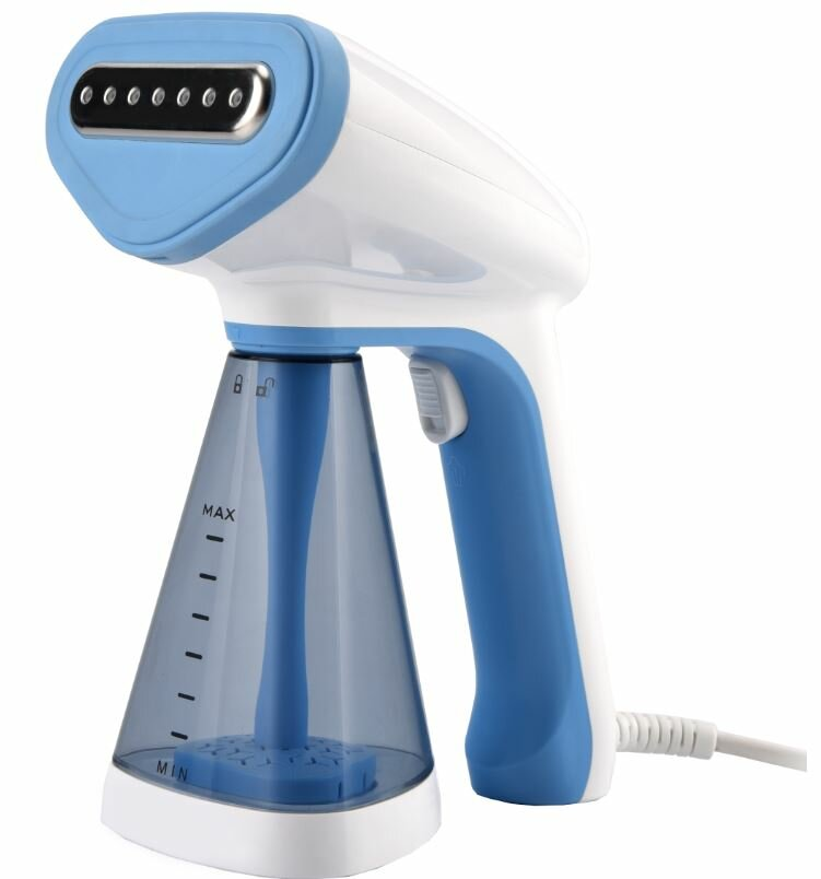 Biała i niebieska ręczna parownica do odzieży na białym tle.