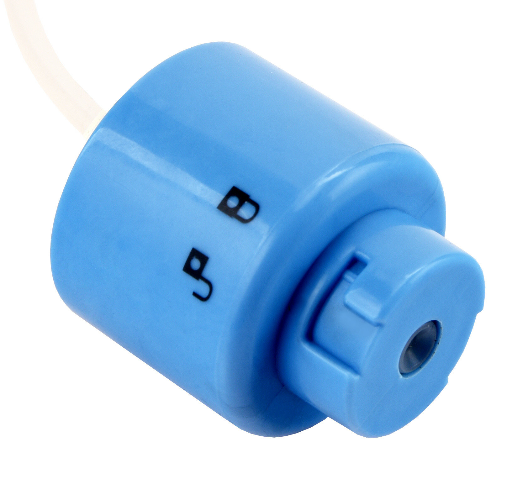 Niebieskie złącze elektryczne z białym przewodem i oznaczeniami pozycji B i G.