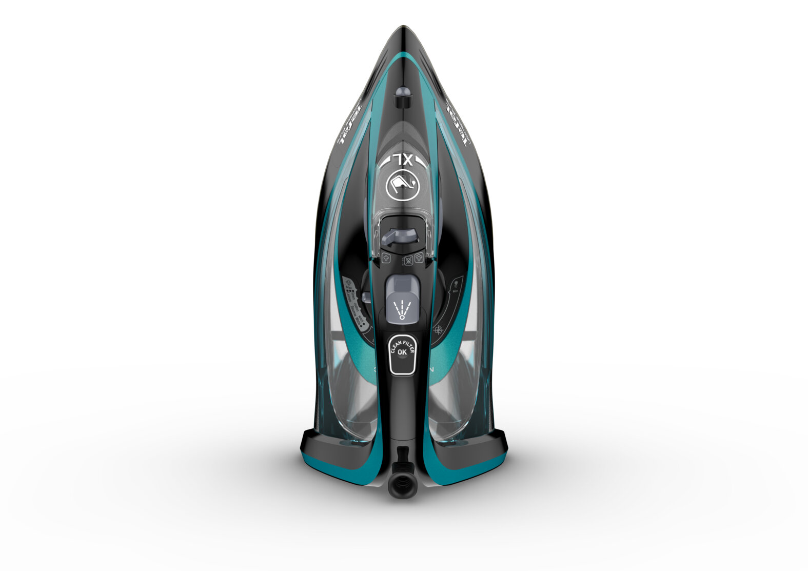 Widok z góry na turkusowo-czarne żelazko na białym tle, z widocznymi ustawieniami pary.