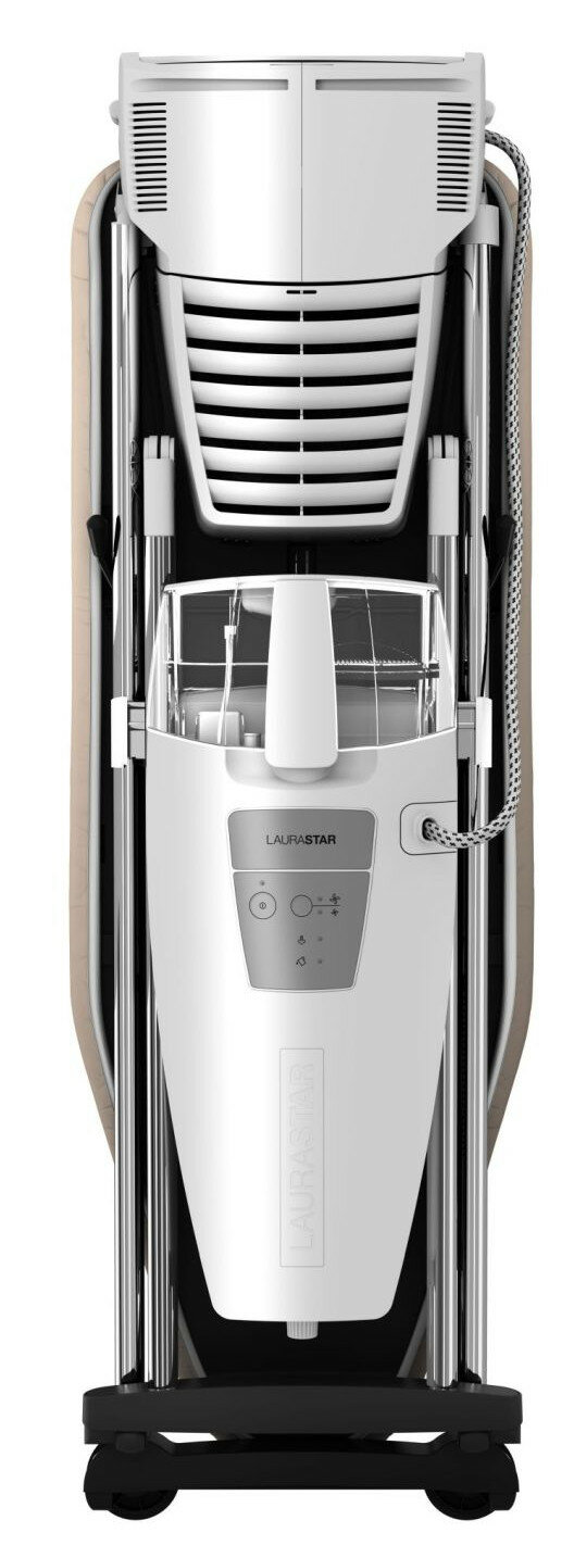 Widok z góry na biały system do prasowania LauraStar, ze złożoną deską do prasowania.