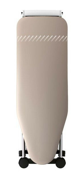 Złożona deska do prasowania, widok z góry, tkanina w neutralnym kolorze, na kółkach.