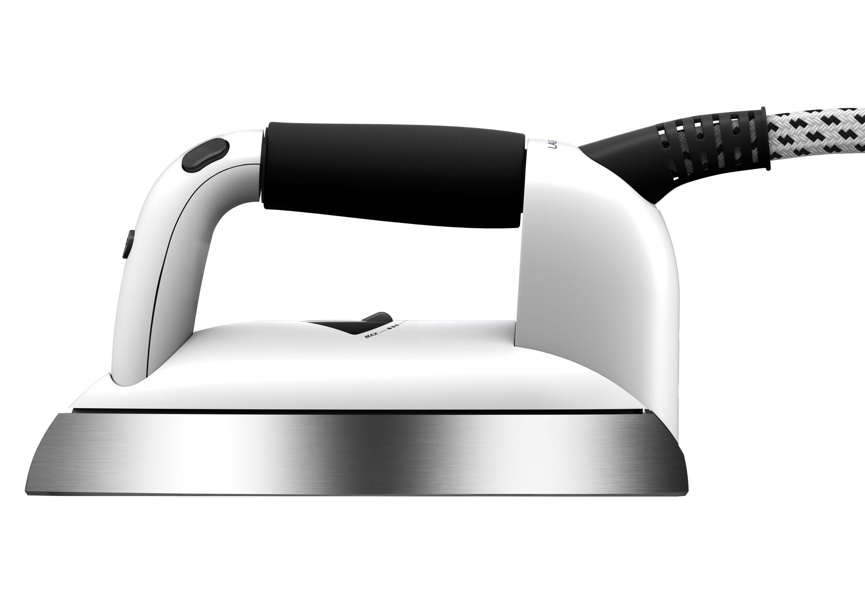 Białe żelazko z czarnym uchwytem i srebrną podstawą. Przewód ma czarno-biały wzór.