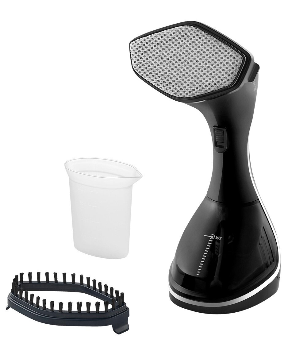 Czarny i srebrny parownik ręczny z akcesoriami: szczotką i miarką.