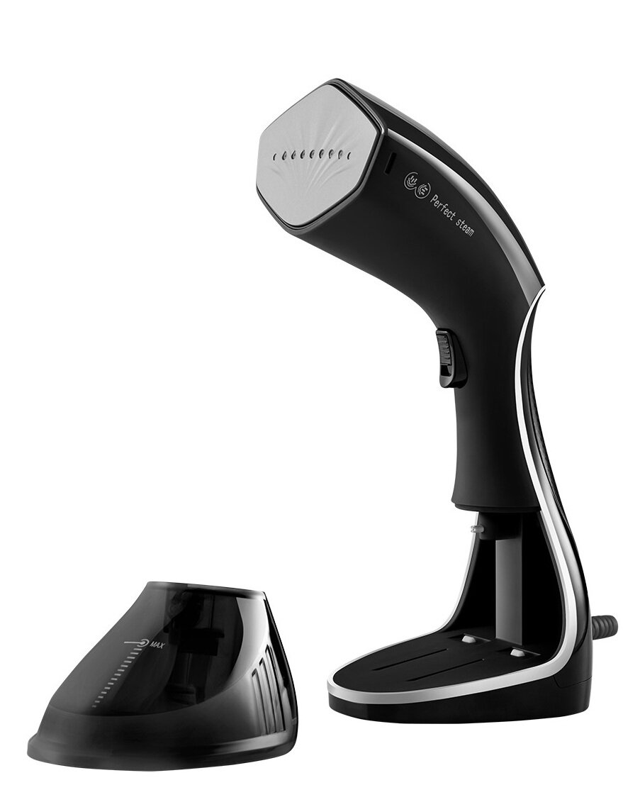 Czarno-biała przenośna parownica do ubrań i pojemnik na wodę na białym tle.