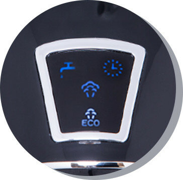 Zbliżenie czarnego panelu sterowania z niebieskimi i białymi ikonami.