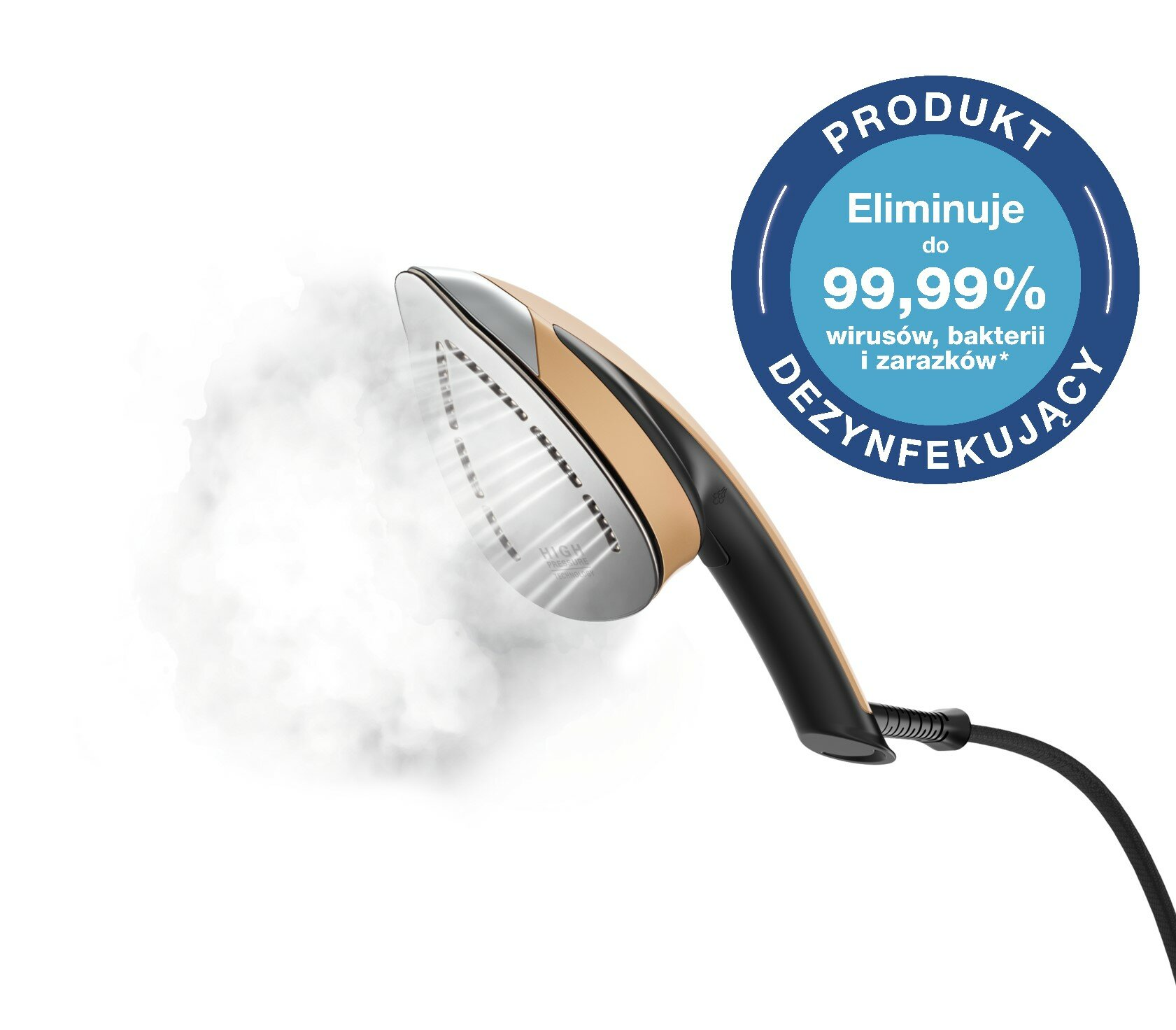 Złoto-czarny parownik do odzieży z parą i etykietą produktu pokazującą dezynfekcję.