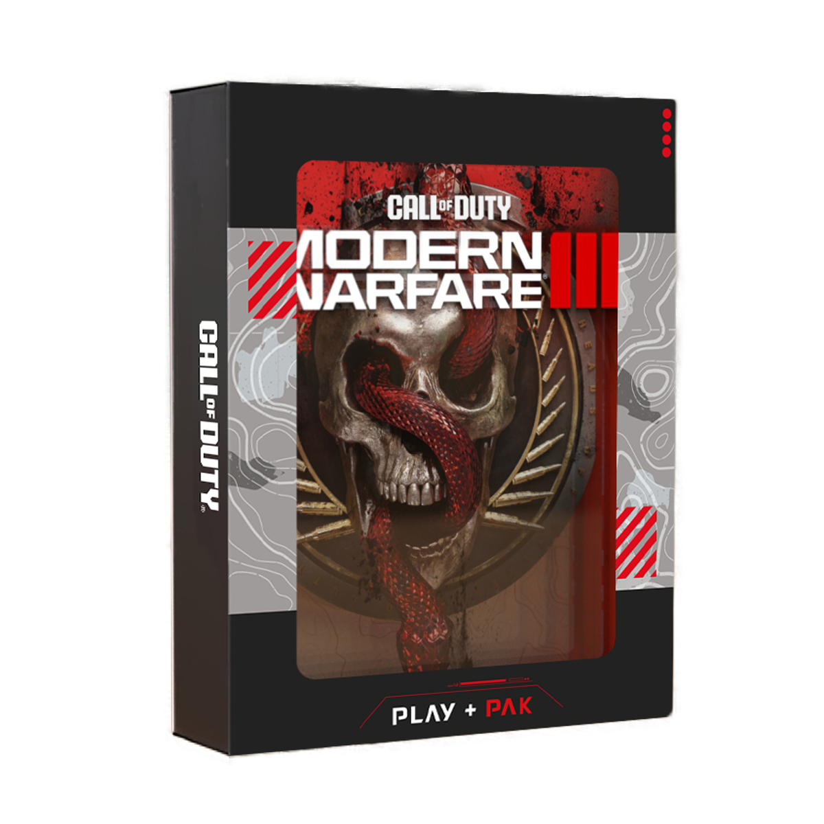 Call of Duty Modern Warfare-Spielbox. Schädel- und Schlangenbild. Rotes und schwarzes Design.