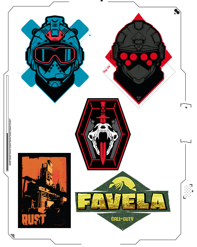 Verschiedene Spiel-Patches auf weißem Hintergrund mit Tech-Umriss, inkl. 'FAVELA'-Logo.