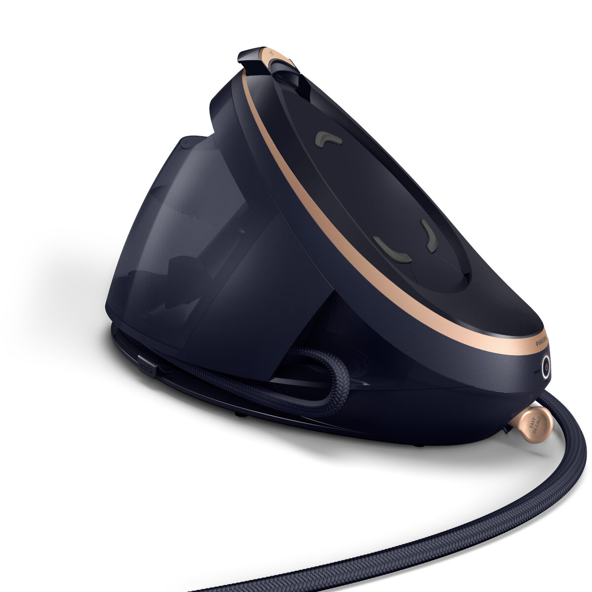 Czarno-złote żelazko parowe. Zbiornik na wodę po lewej. Żelazko po prawej.