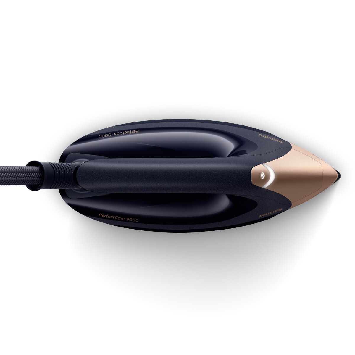 Czarne i złote żelazko, widok z góry, z nazwą marki na obudowie.