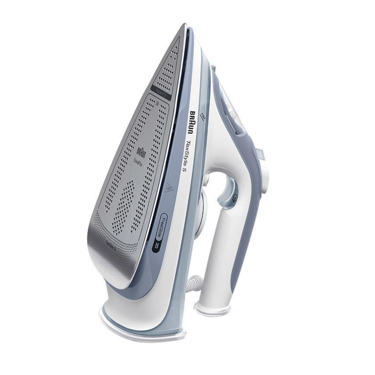 Białe i szare żelazko na białym tle.