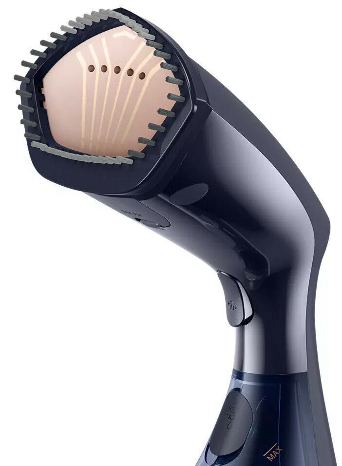 Granatowa ręczna parownica do ubrań z szarą głowicą i czarnym uchwytem.