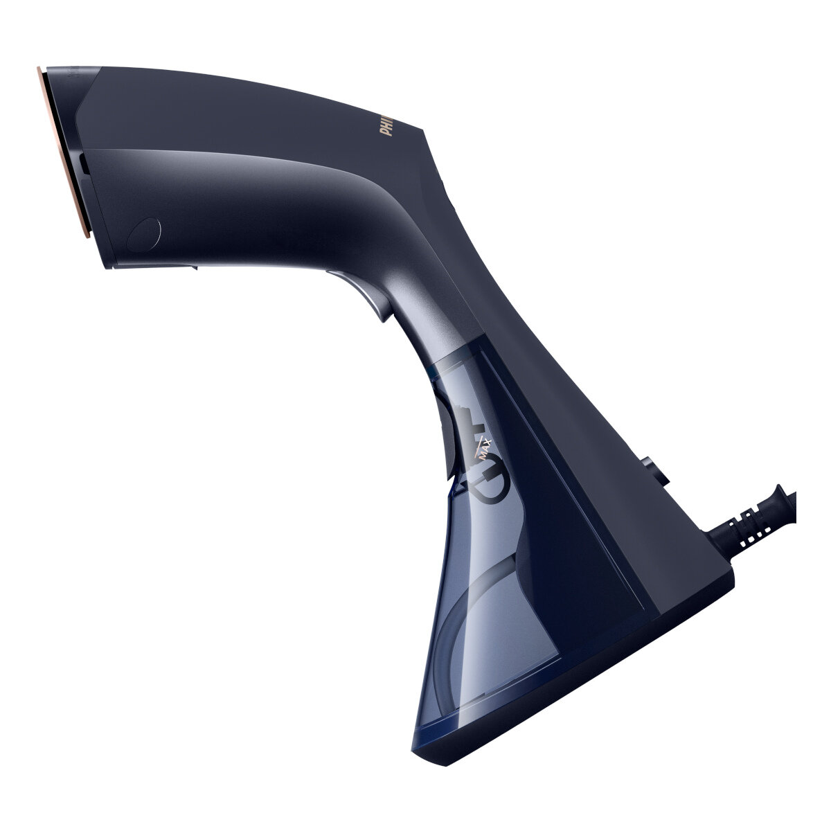 Ręczny parownik do ubrań Philips, granatowy. Przezroczysty zbiornik na wodę, widok z boku.