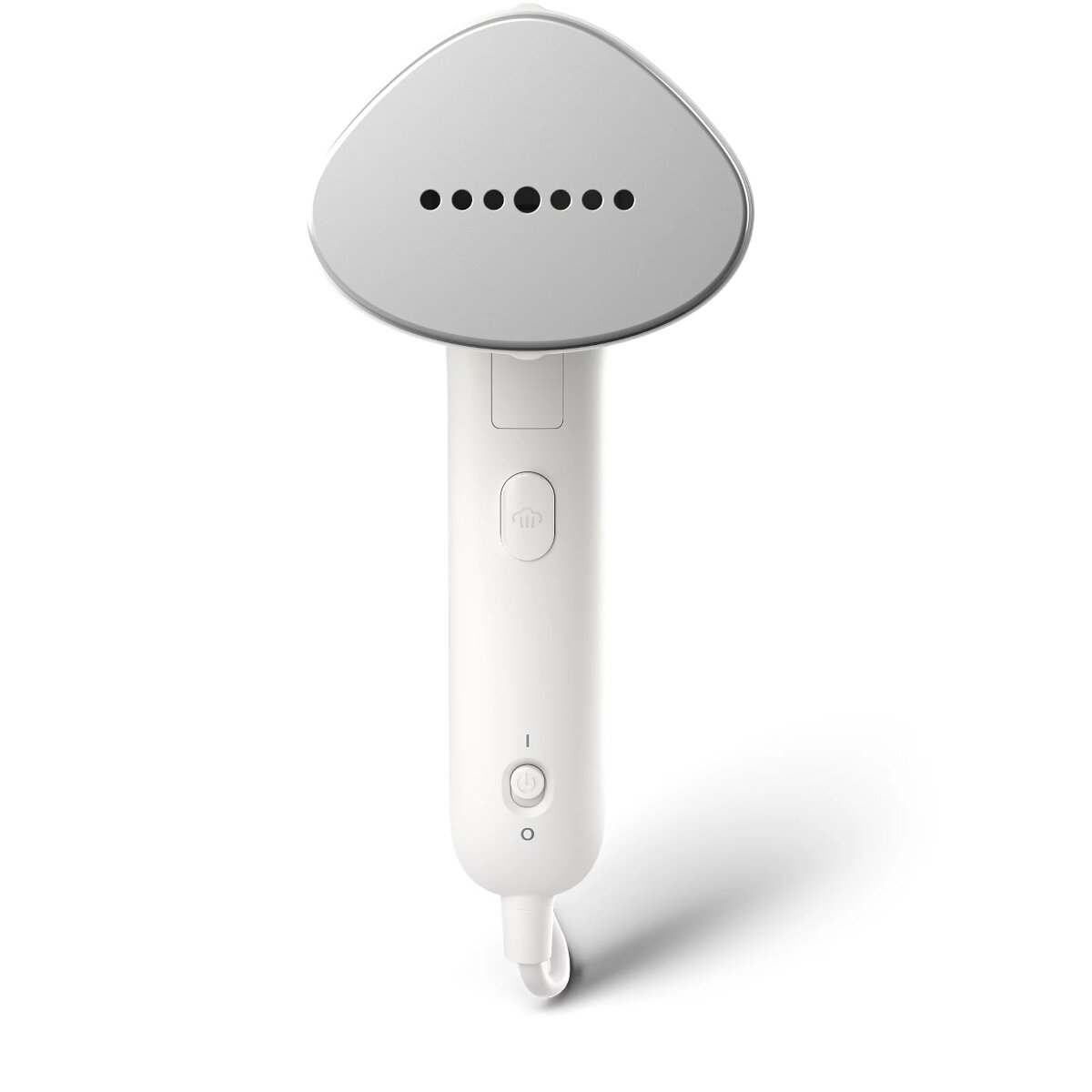 Biała, przenośna parownica do odzieży z metalową górą i długim uchwytem.