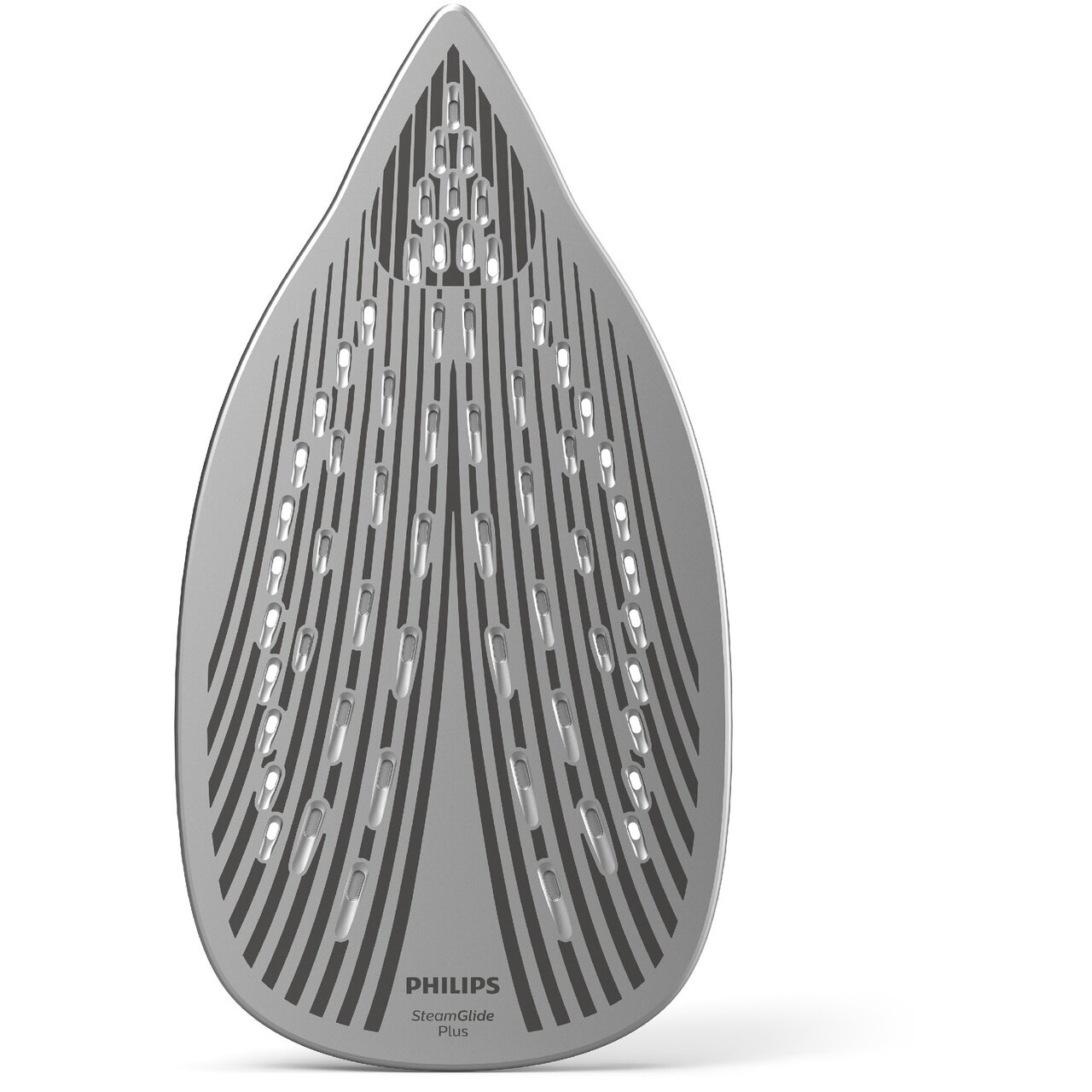Srebrna podstawa żelazka z otworami jest prezentowana na białej powierzchni. Logo Philips znajduje się na dole.