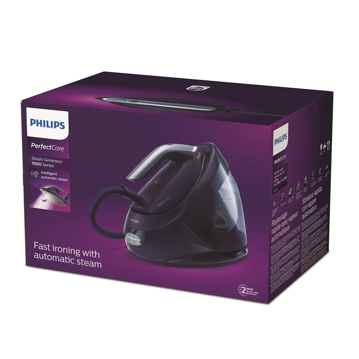 Czarne żelazko z generatorem pary Philips w pudełku z tekstem i obrazami.