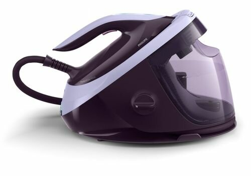 Fioletowo-białe żelazko Philips. Żelazko jest na białej powierzchni.