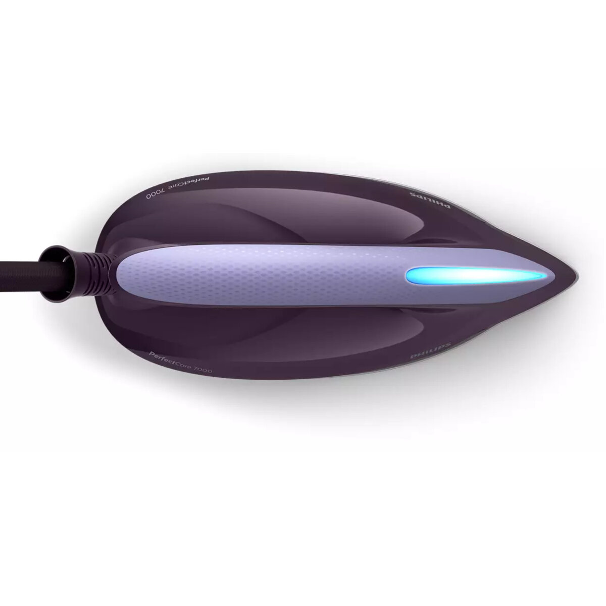 Fioletowe żelazko, widok z góry. Żelazko ma długi uchwyt i niebieskie światło.