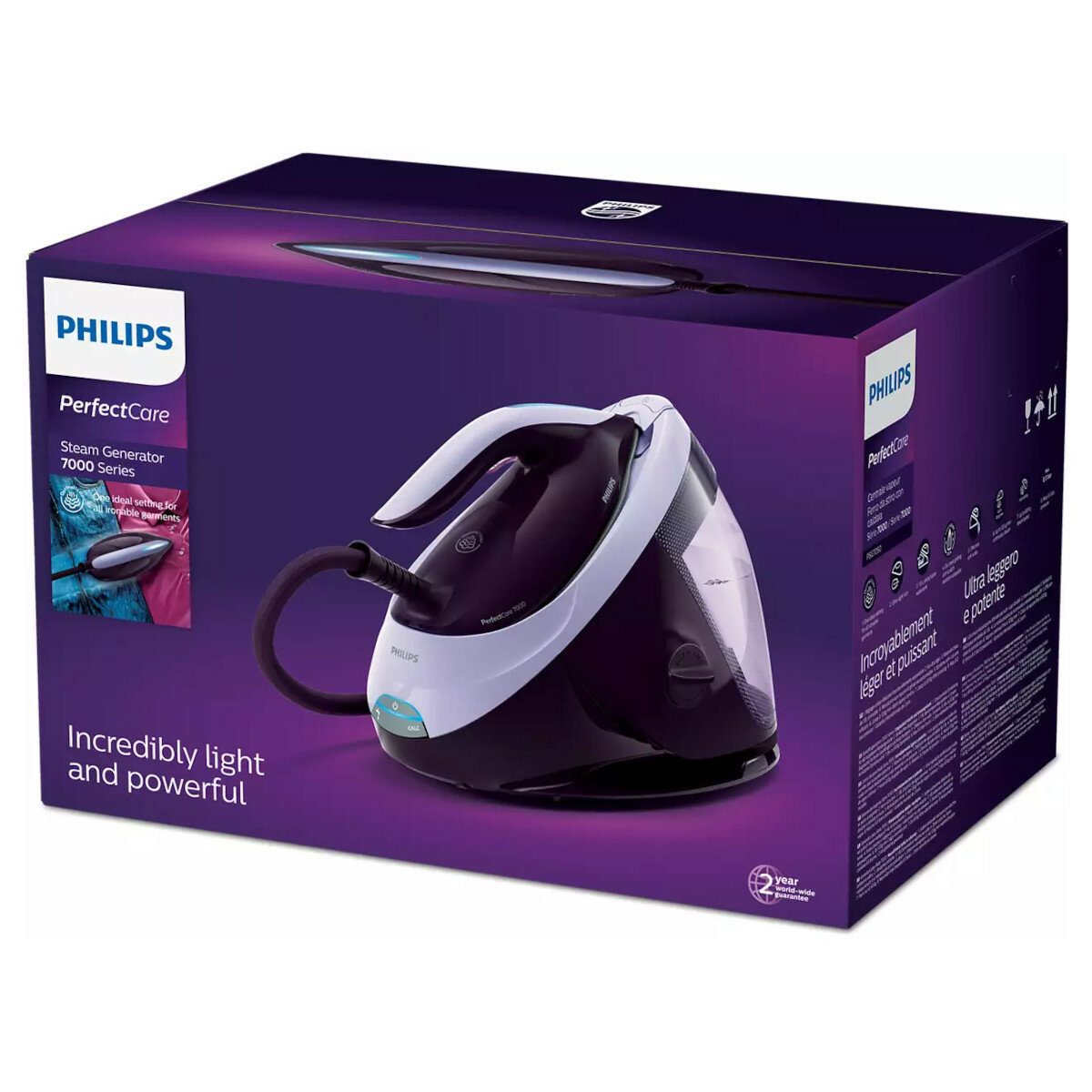 Pudełko z żelazkiem z generatorem pary, z tekstem i zdjęciem żelazka.