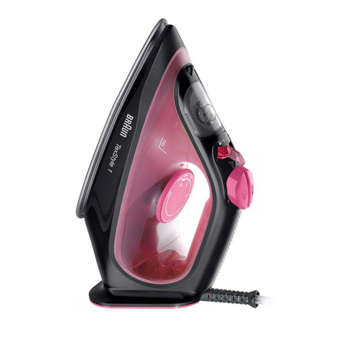 Czarne i różowe żelazko z przewodem zasilającym na białym tle.