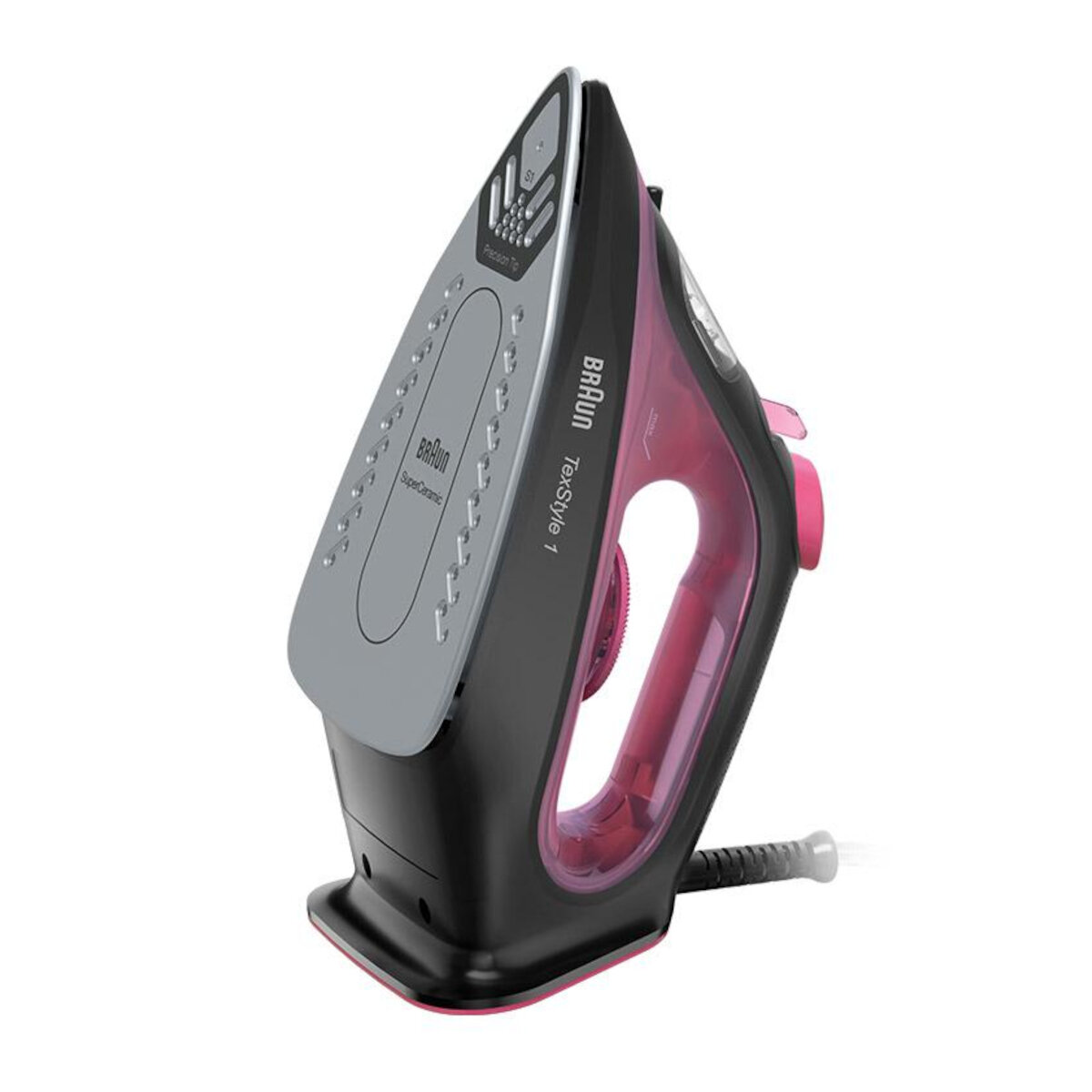 Czarne i różowe żelazko pod kątem, aby pokazać stopę i szczegóły uchwytu.