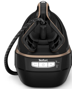 Czarne żelazko parowe z przyciskami. Podstawa jest czarna, a detale złote.