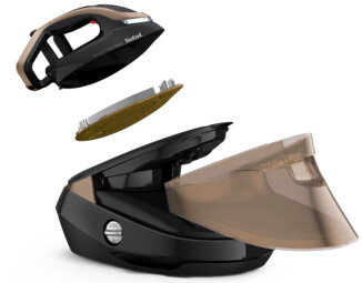 Widok rozstrzelony żelazka Tefal. Pokazuje części żelazka, takie jak stopa i zbiornik.