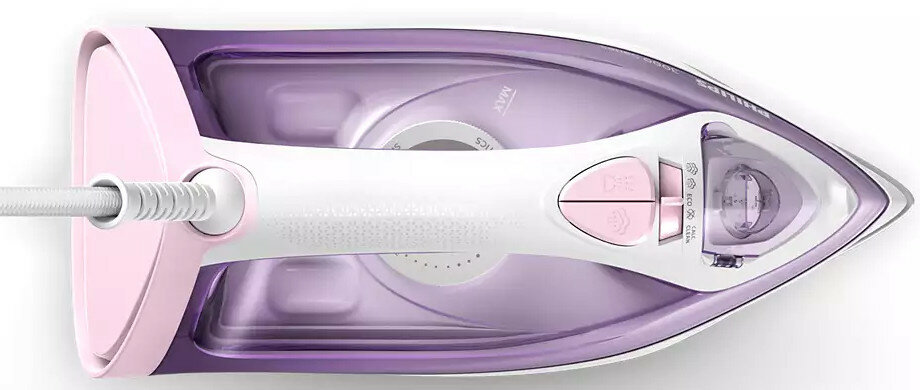 Widok z góry na różowo-białe żelazko z białym kablem.