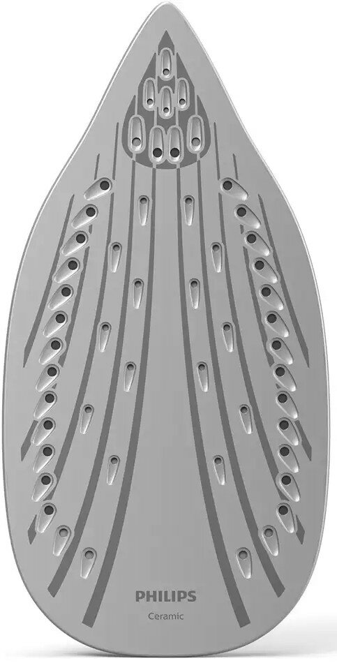 Stopa żelazka z otworami i logo Philips Ceramic. Szary, białe tło, widok z góry.