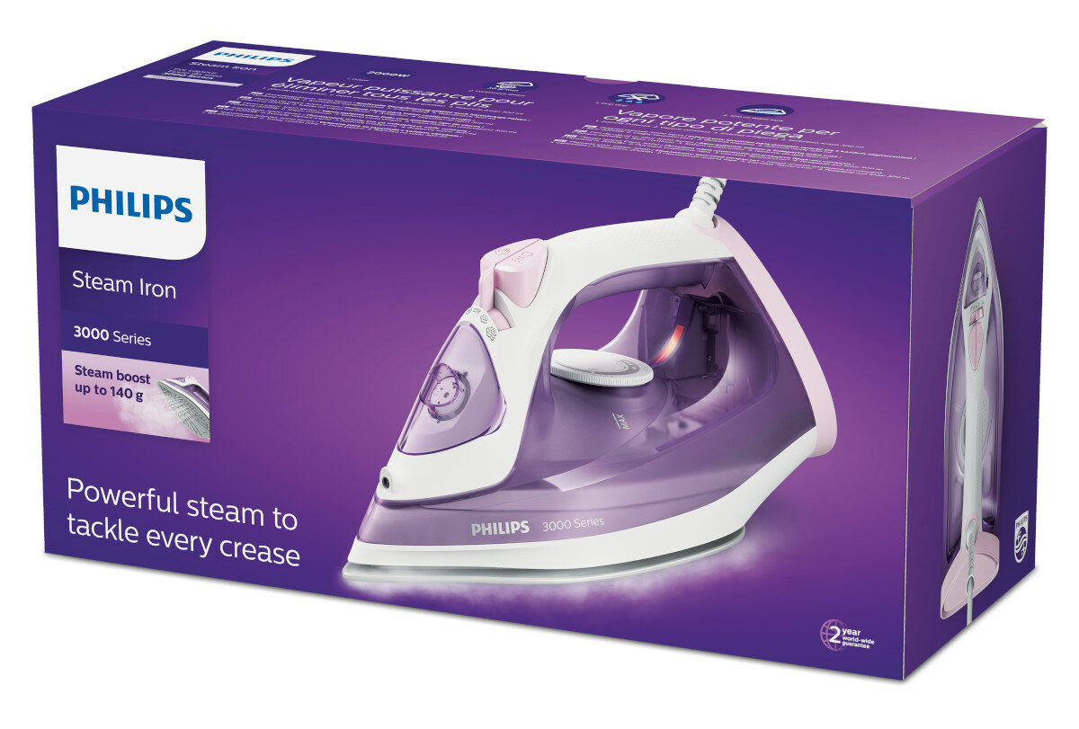 Pudełko do prasowania z żelazkiem. Żelazko jest fioletowo-białe.