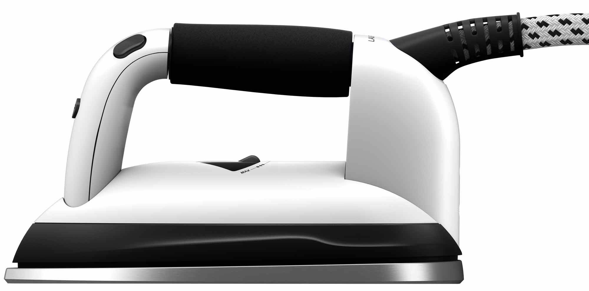 Białe i czarne żelazko, widok z boku, szczegół uchwytu.