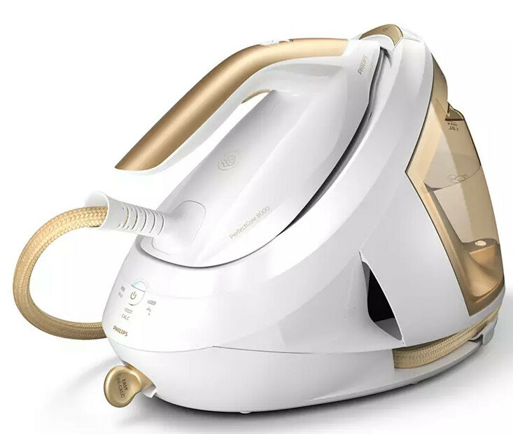 Białe i złote żelazko z generatorem pary, ze złotym uchwytem i zbiornikiem na wodę.