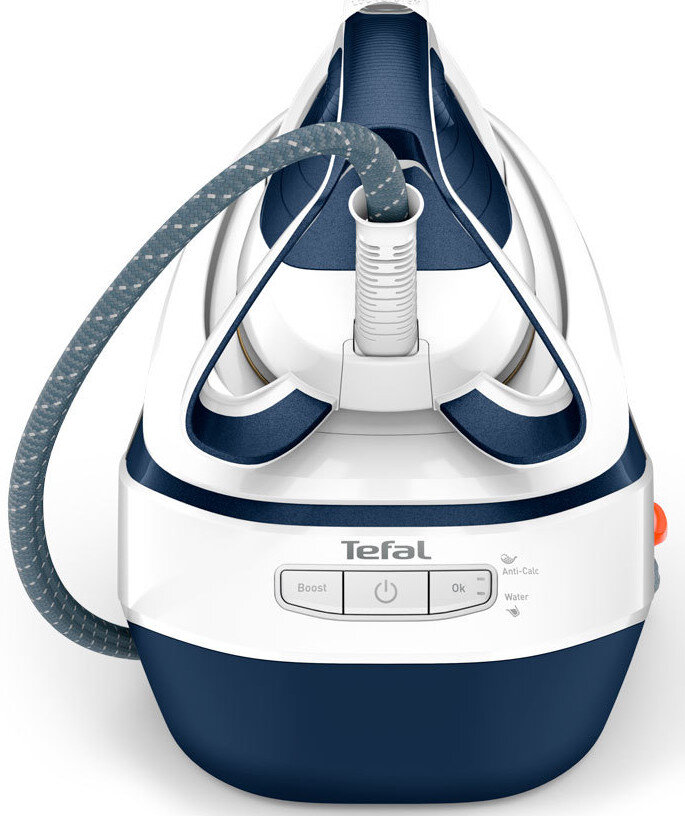 Białe i granatowe żelazko parowe Tefal z srebrnym wężem.