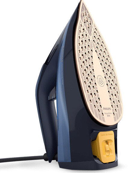 Niebiesko-czarne żelazko Philips, widok z boku na stopę i uchwyt.