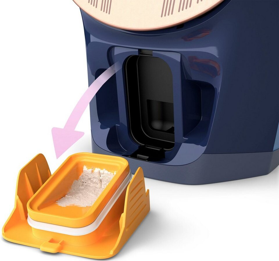 Niebiesko-żółty preparator do żywności dla niemowląt. Żółta część jest otwarta.