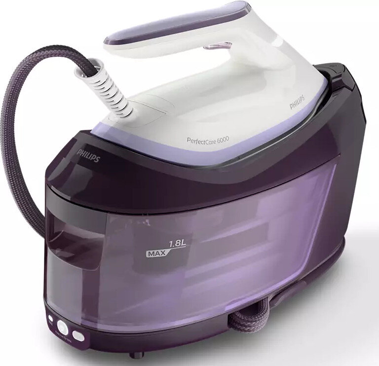 Fioletowo-białe żelazko Philips PerfectCare 6000, ze zbiornikiem na wodę i wężem.